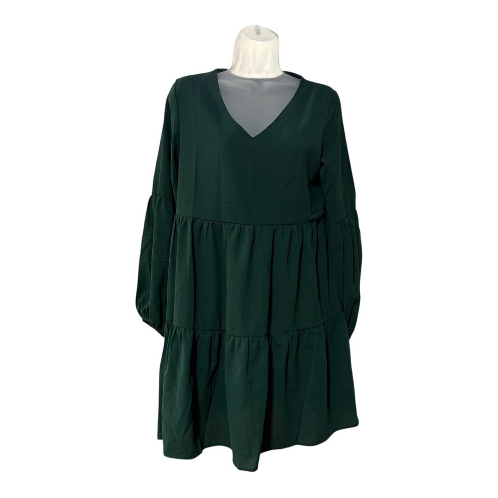 Dark Green Tiered Babydoll Dress Cottagecore‎ Romantic Long Sleeve